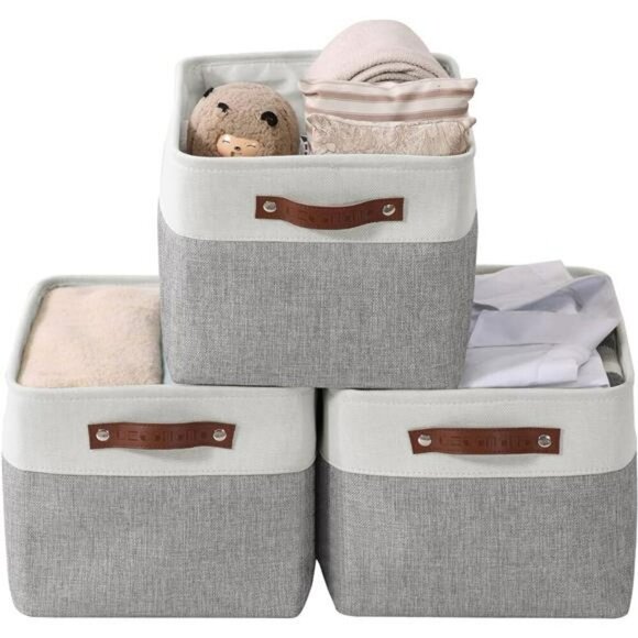 Large Fabric Storage Bins Set of 3 Closet Organizer Baskets for Shelves Grey - Picture 1 of 7